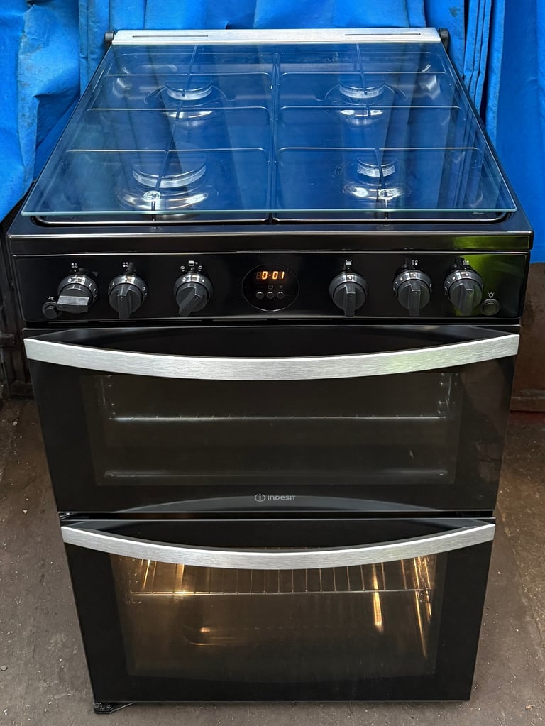 Indesit ID67GOMCB 60cm Double Oven Gas Cooker - Black 