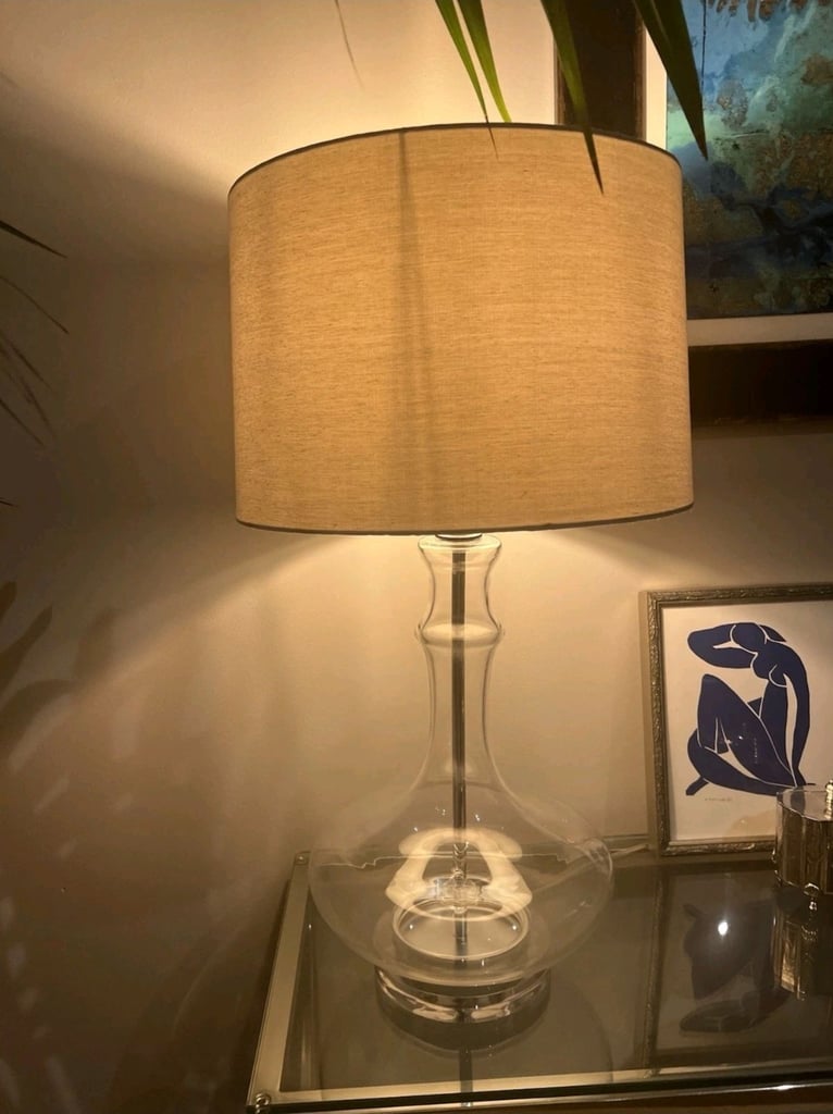 A Rare Find, Areli Table Lamp Grey Natural Linen Shade Glass Metal Base