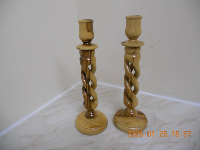 image for Barley Twist  Candlesticks Wood Turned Approx 9incs High Beautifully made and turned.