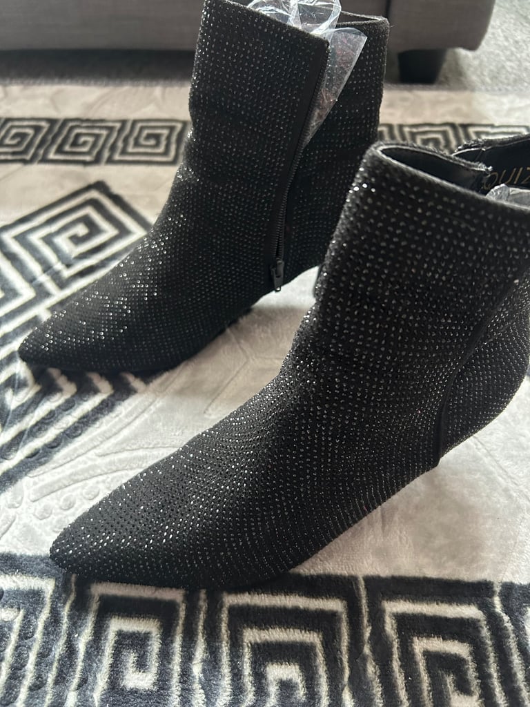QUIZ Black Diamanté Heeled Ankle Boots