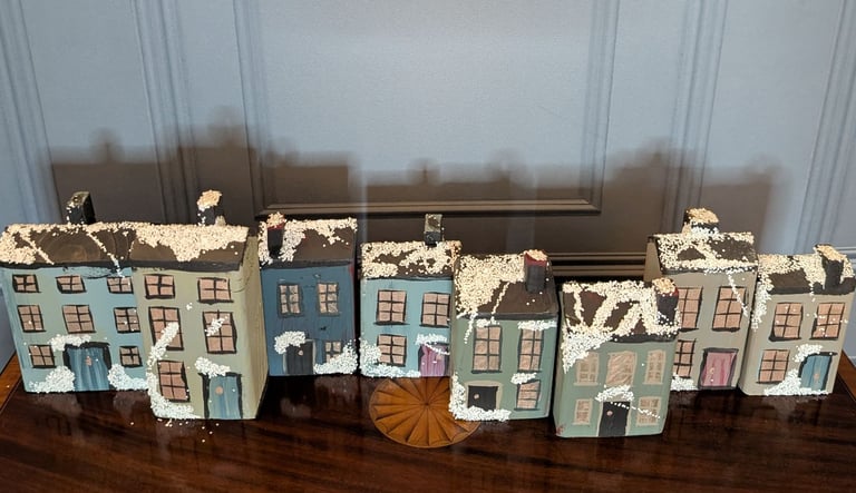Folk art hand painted winter houses. Three for £10