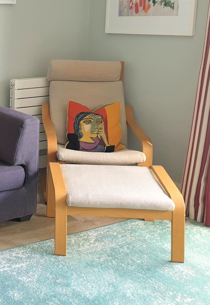 image for IKEA Poäng Armchair with Footstool – Light Wood & Beige Cushion