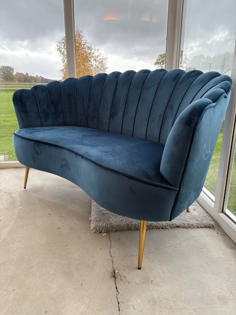 image for 2 Seater Shell Sofa in Blue with Gold Legs