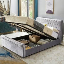 Plush Velvet Sleigh Ottoman Storage Bed