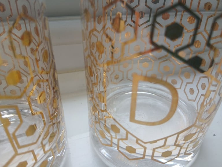 3 lettered glass tumblers with gold style patternation