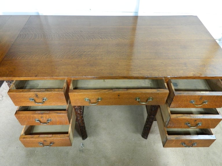 Solid Oak Heavily Carved Pedestal desk