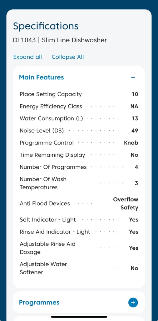 White Dishwasher Beko model number DL1043W