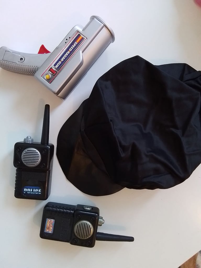 Ladies Sexy Black PVC Halloween Police Zip Up Dress, Cap, Walkie Talkies & Lazor. Size small 16.