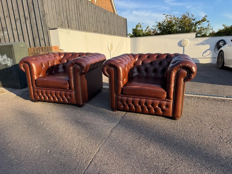 Pair of chesterfield faux brown leather club armchairs 