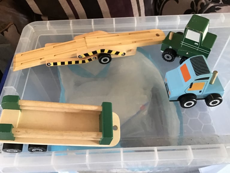1x Little town lorry + trailer 1x early learning centre car  transporter lorry  Both wooden painted