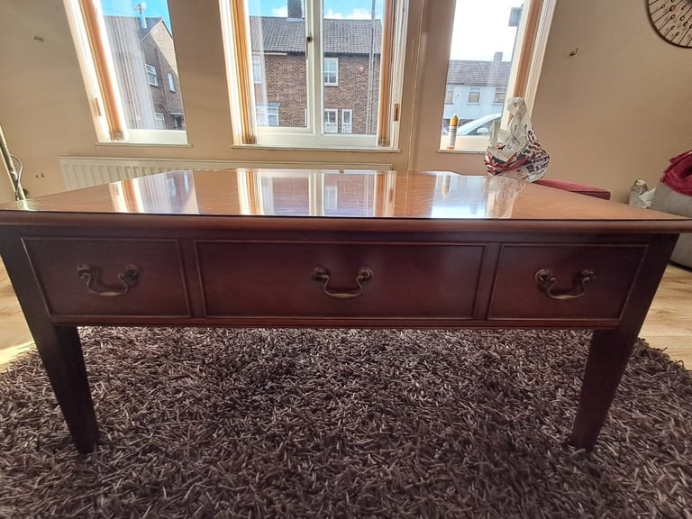 Bradley Furniture Burr Yew Wood Two Drawer Coffee Table + Butlers Serving Trays