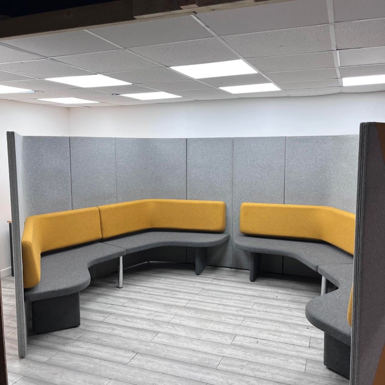 image for Allermuir Pause 8-Person Circular Booth – Yellow & Grey Fabric, High Back, Optional Table