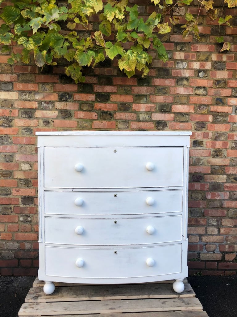 Antique Victorian Bow Front Large Chest Of Drawers in french white