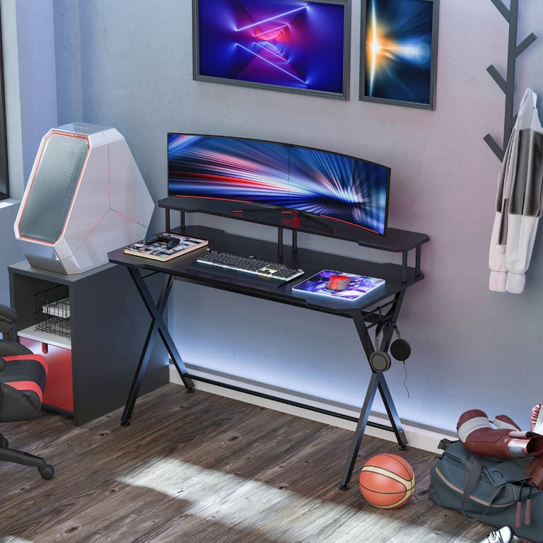 NEW Gaming Computer Desk Writing Table w/ Headphone Hook Curved Front