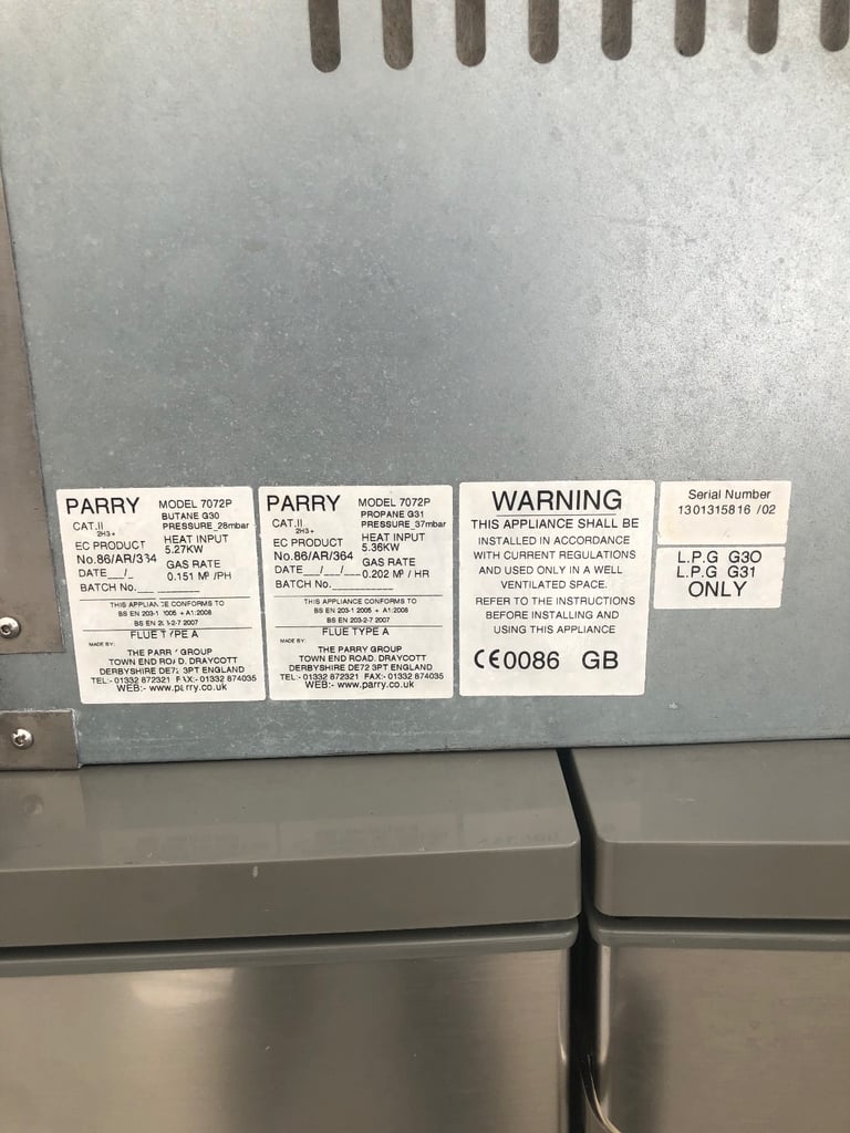 Parry LPG salamander grill. Pizza oven. Grill. Panini machine. 