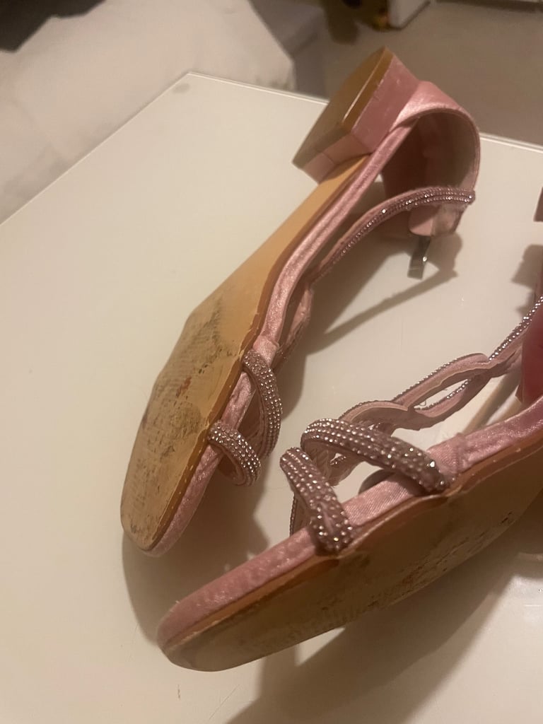 Pink satin diamonte t-strap flat sandal