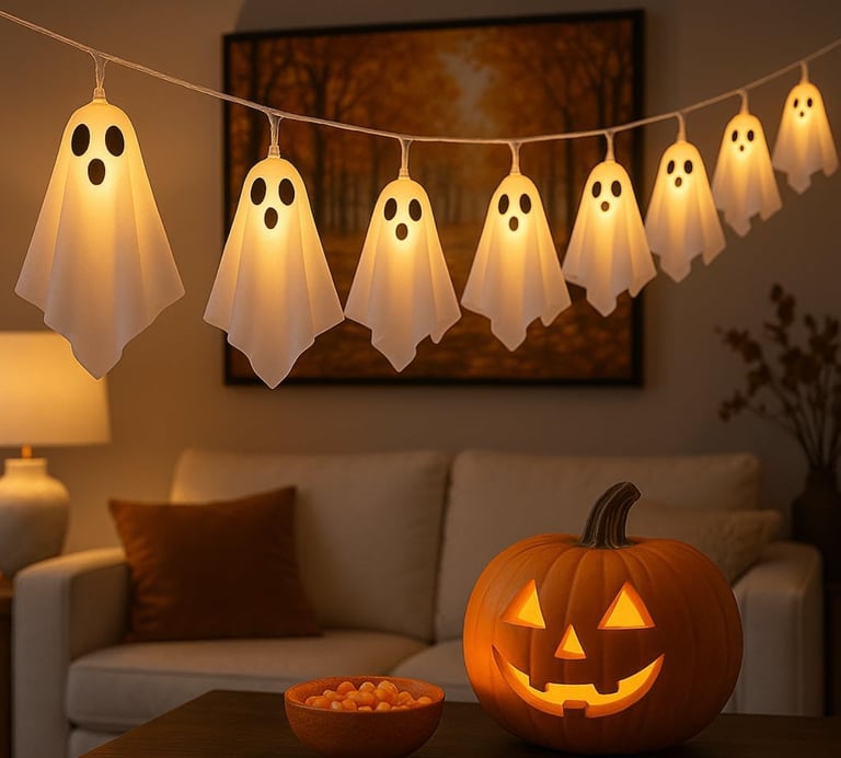 Halloween Ghost String Lights with Remote, 10 LED Hanging Ghost Lights with Fabric, 8 Modes