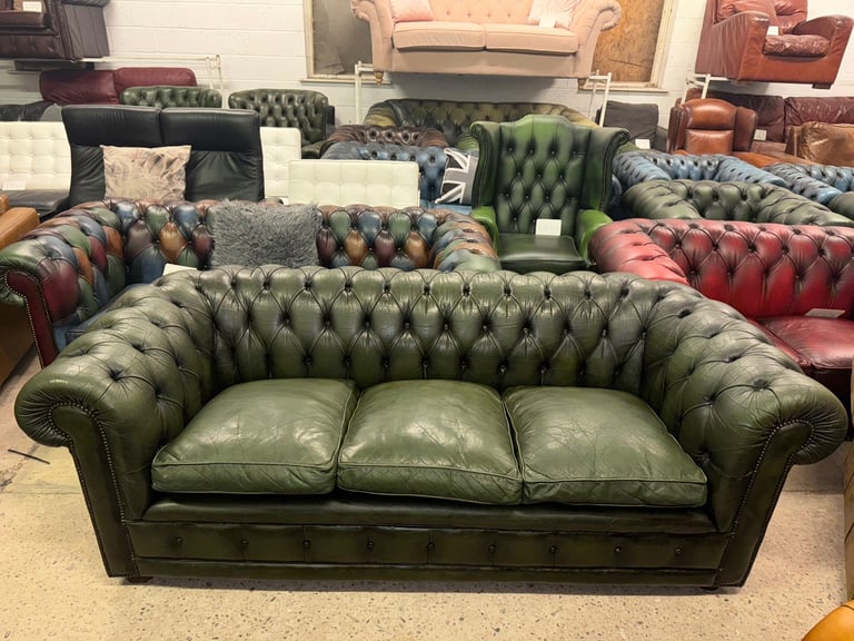 image for Chesterfield green real leather three seater sofa