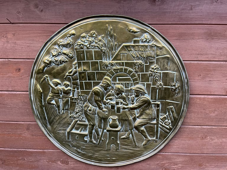 image for Vintage Brass Large Embossed Wall Decoration Plate
