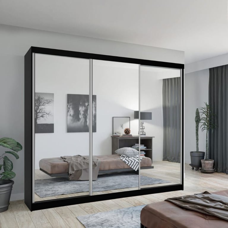 Brand New 2 or 3 Doors Sliding Wardrobe with Mirrors & Drawers in Black Grey White Oak
