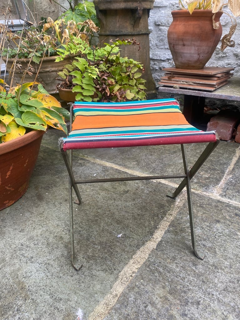 image for Vintage retro folding metal stool with striped seat