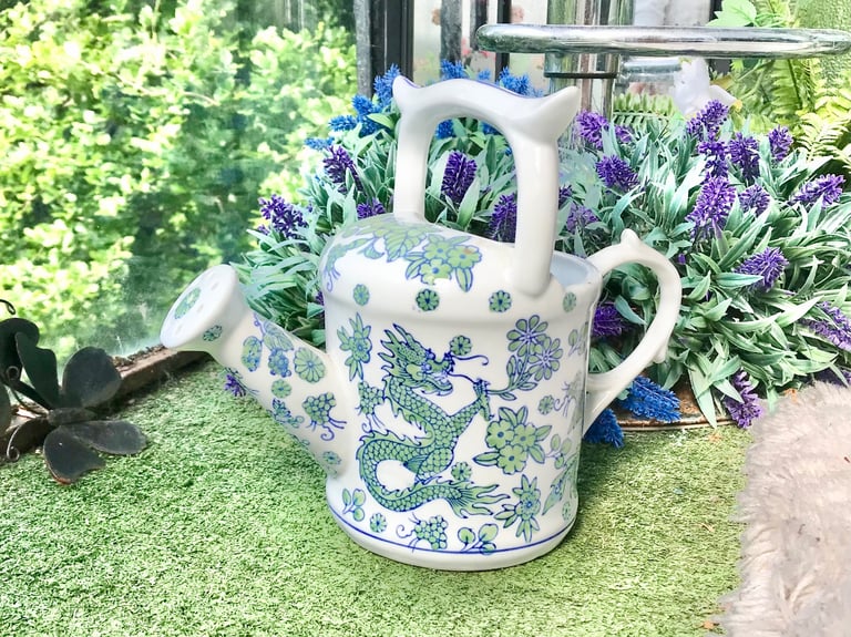 image for Antique vintage style porcelain watering can dragon birds Old style watering can