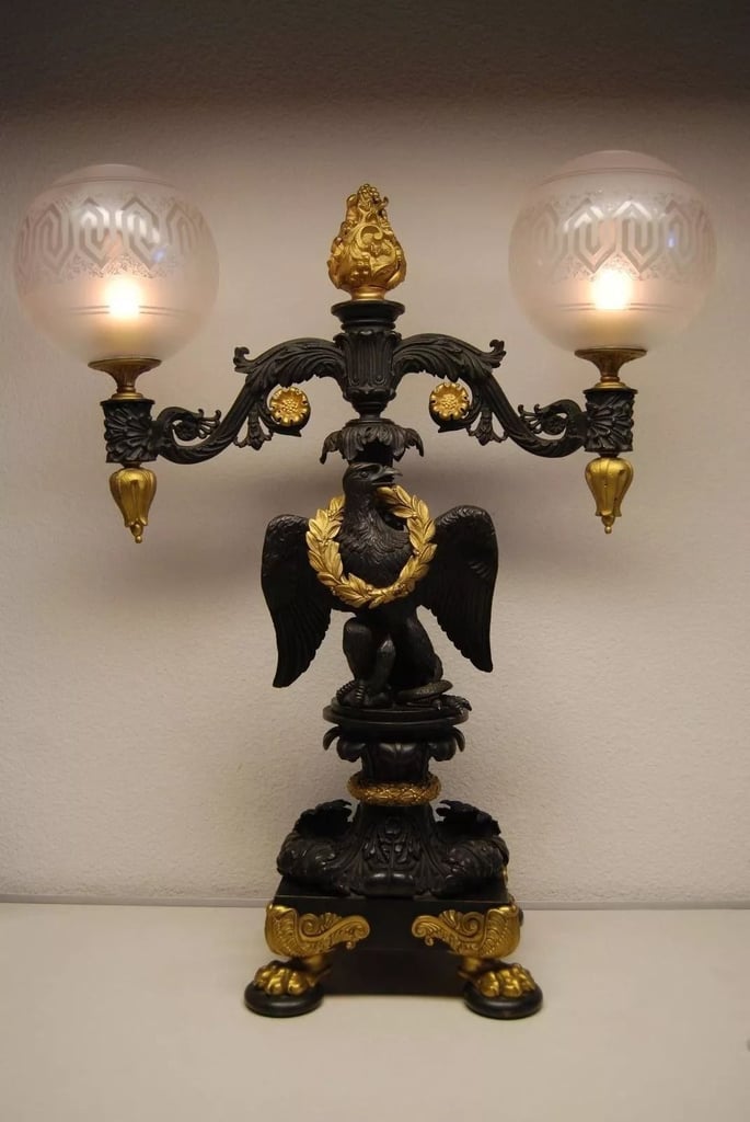 ANTIQUE FRENCH EMPIRE CAST BRONZE IMPERIAL EAGLE GAS LIGHT NEWEL POST GILT LAMP