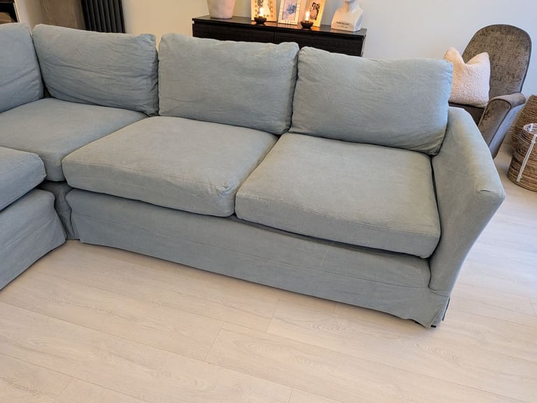 ONO..Stunning superior corner sofa, light blue quality feather filled and foam sofa