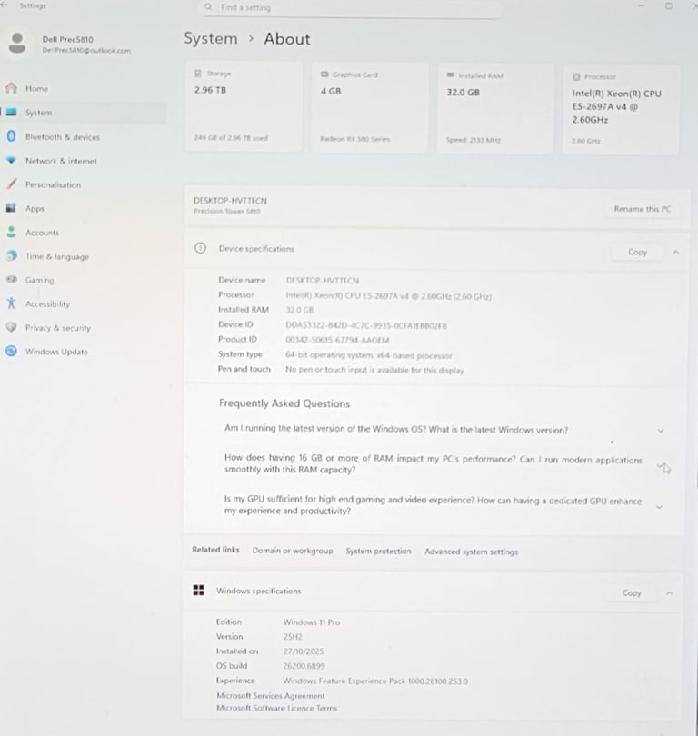 Dell Precision T5810 PC/Workstation with Xeon E5-2697v4 processor, 32GB RAM, 240GB SSD and 3TB HDD.