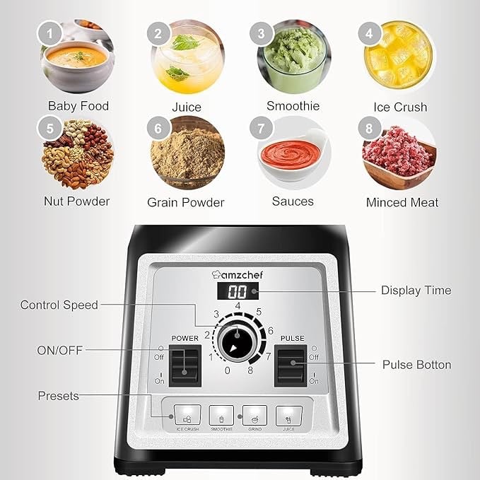 AMZCHEF Blender Smoothie Maker - 2000W Commercial Blender