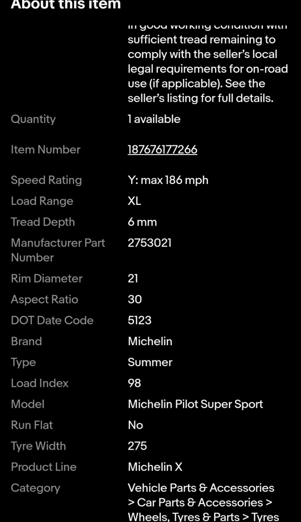2x 275 30 21 Used Michelin Pilot sport 4s 98Y 5123 DOT CODE 6mm+ Tread