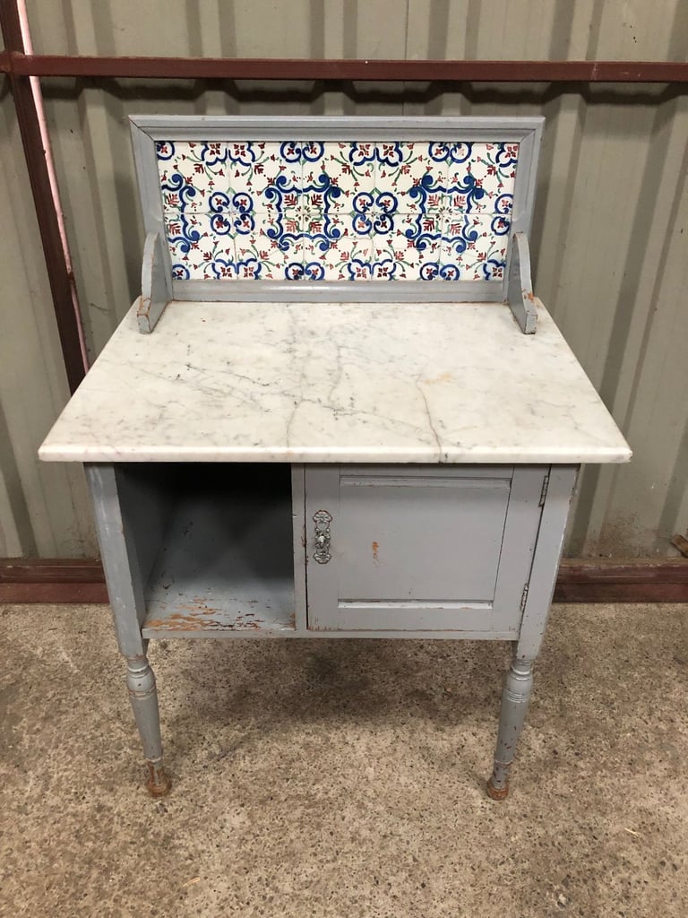 image for Small Antique Wash Stand, Tiled Back, Marble Top, Need Painted