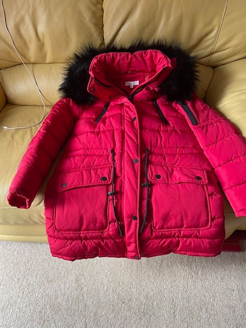 image for Red false-fur trimmed padded jacket