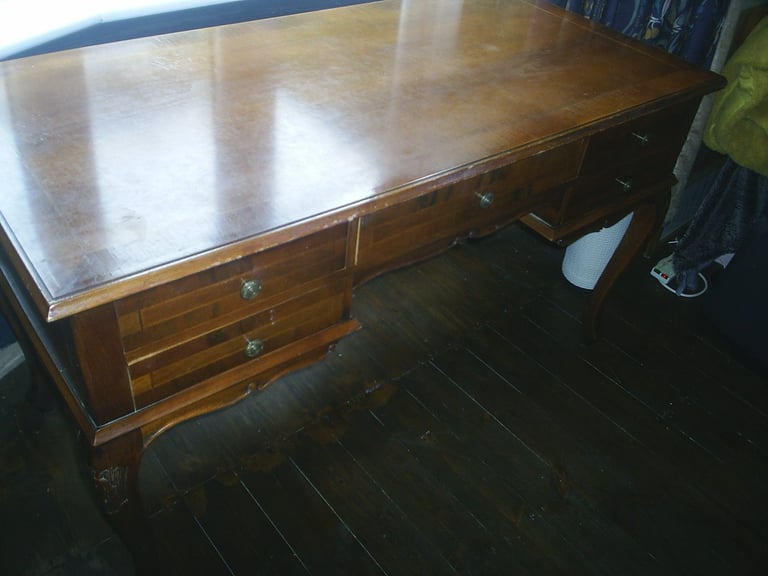 Writing Desk & Chair. Queen Ann Style 5 Drawer Walnut Desk & High Back Padded Chair 