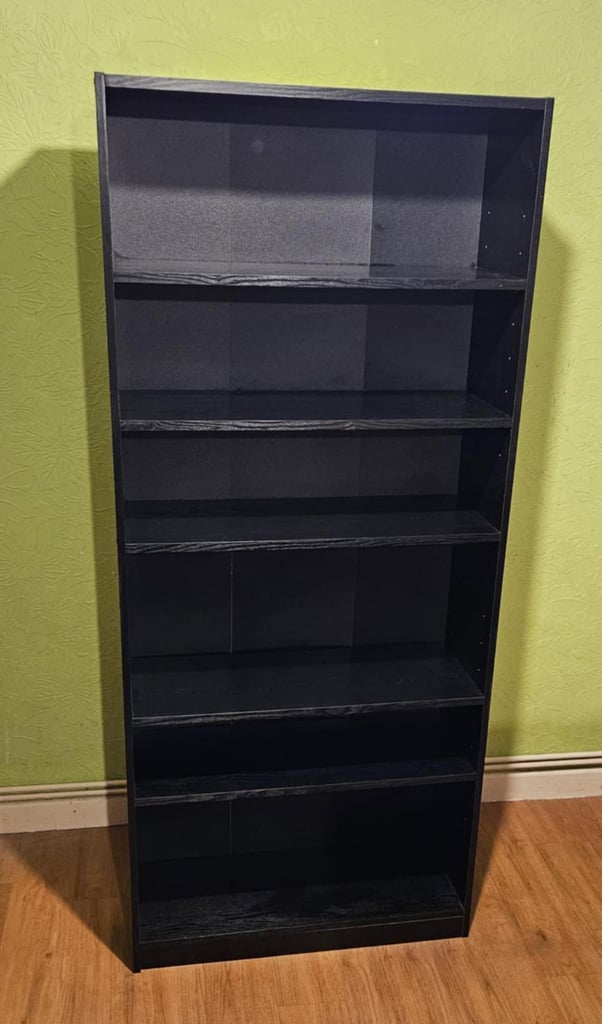 image for tall wood black bookcase. sturdy, clean, matte black. 6 shelf collection