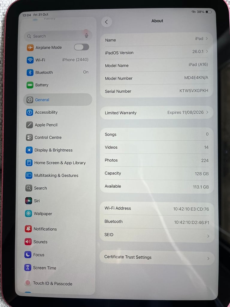 New condition Ipad 2025 A16 11th gen Pink. Apple Warranty until August 2026 Battery health 100%