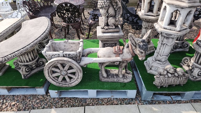 stone donkey & cart garden ornament