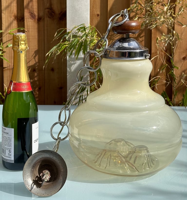 image for VINTAGE FRENCH OPALINE GLASS PENDANT LAMP, YELLOW GRADUATED MILK GLASS, MURANO? 1940s - WILL POST!