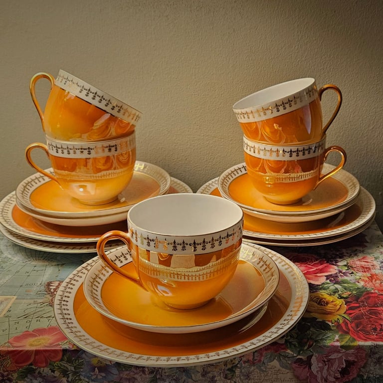 Vintage "Victoria China" Lustre Orange Tea Cups, Saucers & Cake Plates - Set of 5