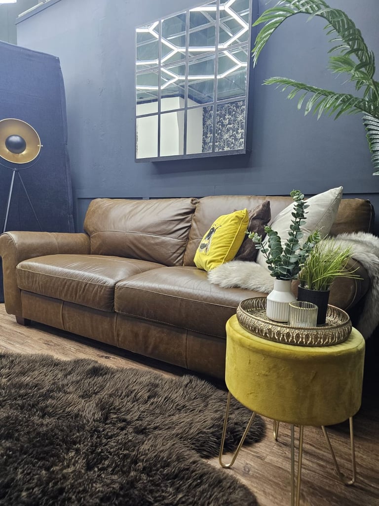 image for REID Furniture 3 Seater Brown Leather Sofa