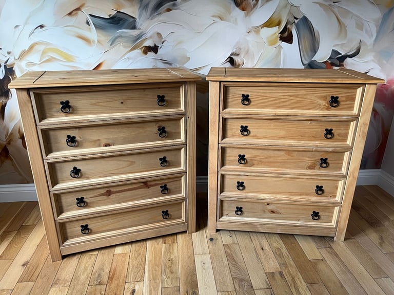 Two Corona 5 Drawer Chest Rustic Distressed Waxed Pine Storage Bedroom Furniture