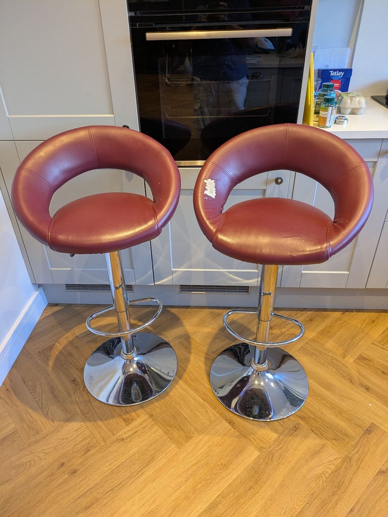 image for 2 x Bar stools, burgundy leather, fully functioning