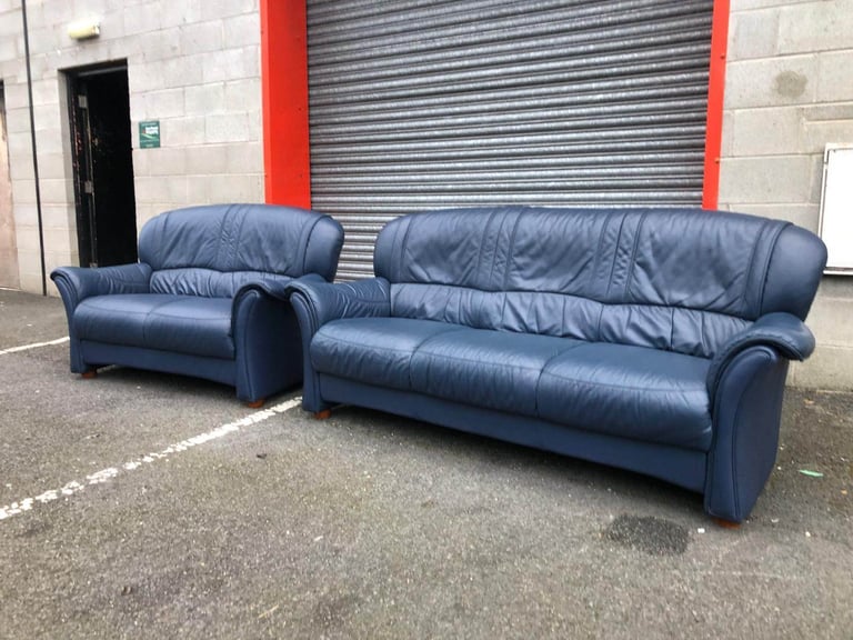 Blue Italian Leather 2 and 3 Seater Sofas 