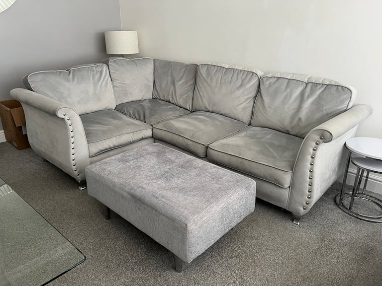Grey corner sofa, 2 seater and footstool