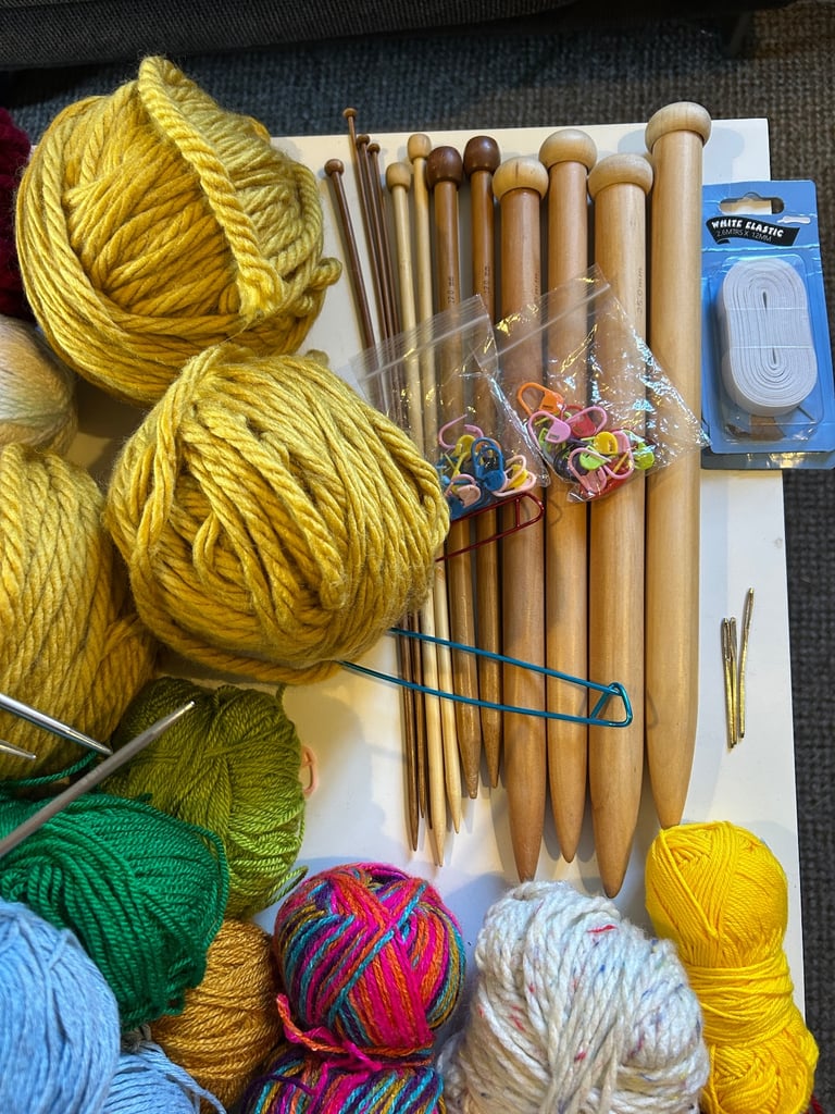 KNITTING MOTHERLOAD: Yarn, Wooden Needles, Loop Needles, Tools, Bag