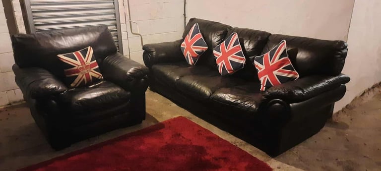 image for Black real leather 3 seater sofa and matching chair from Barker and Stonehouse really nice design
