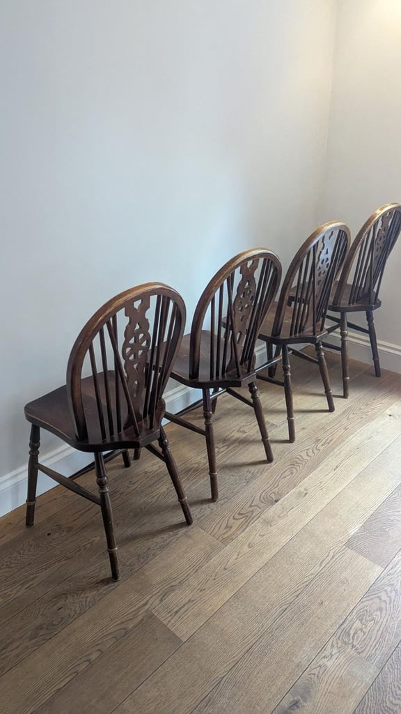 Set of 4 Vintage Wheelback Chairs, dark wood