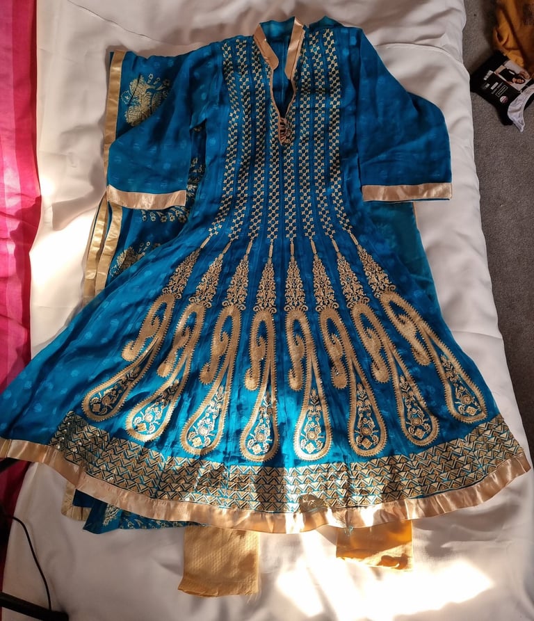 image for New.Blue gold long flowy dress with gathering cuff churidar pants. Asian womens 3 piece suut . 