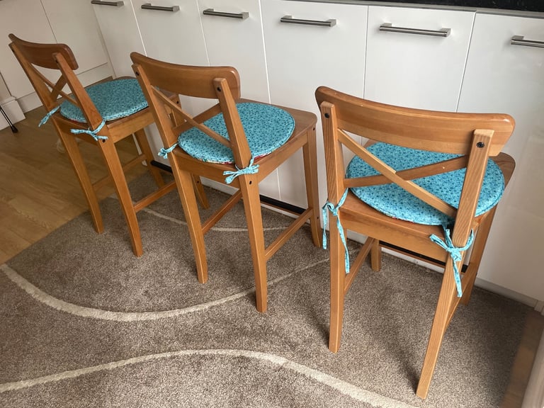 Three Ikea INGOLF Bar stools with backrest and cushion