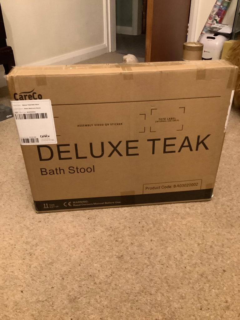 BA06035 deluxe teak bath stool, shower seat, CareCo, box open but seat unused *NEW*